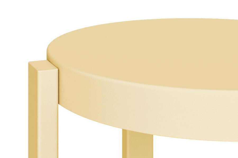 Detail na matnú práškovú povrchovú úpravu oceľového svetložltého príručného stolíka.