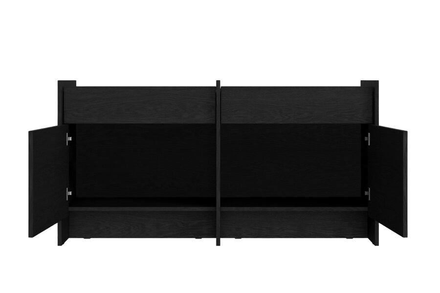 Čierna komoda Hido z drevotriesky s melamínovou povrchovou úpravou s otvorenými dvierkami.