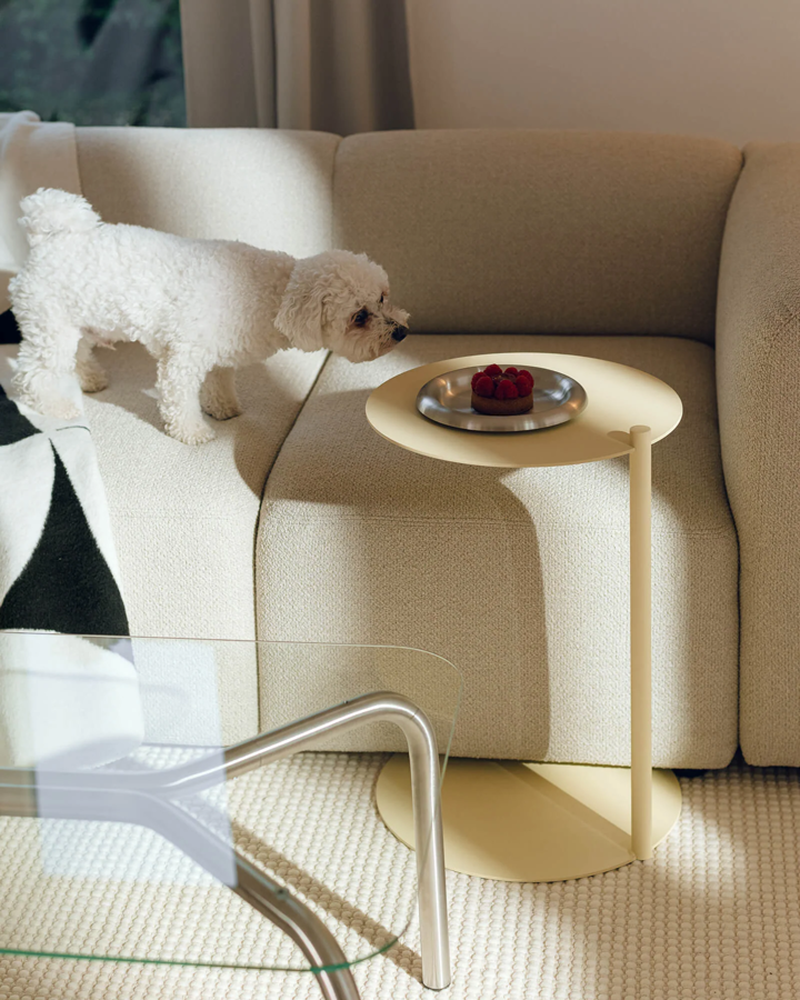 Oceľový príručný stolík Ande svetložltej farby s miskou s malinami vedľa béžovej pohovky s bielym psíkom.