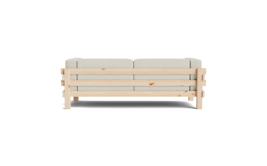 Trojmiestna pohovka Kube v čalúnení béžovej farby, s rámom z masívnej borovice prírodnej farby a pohľad zo zadu.